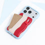 Close-up of a powder blue card pocket phone case with a card partially inserted into the back slot and a red buttoned strap.