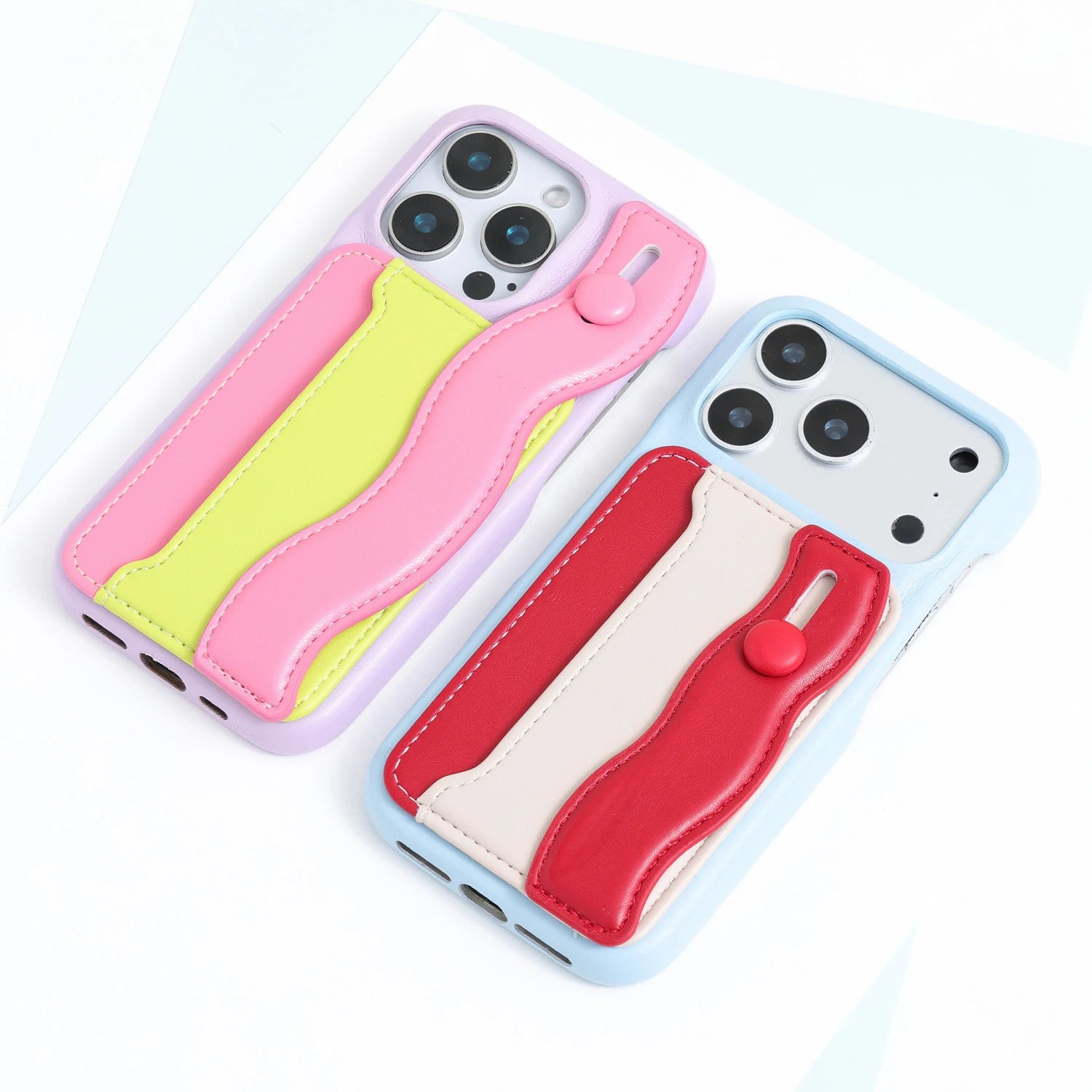 Two colorblock card pocket phone cases shown side by side in blue-red-ivory and lilac-pink-lime colorways.