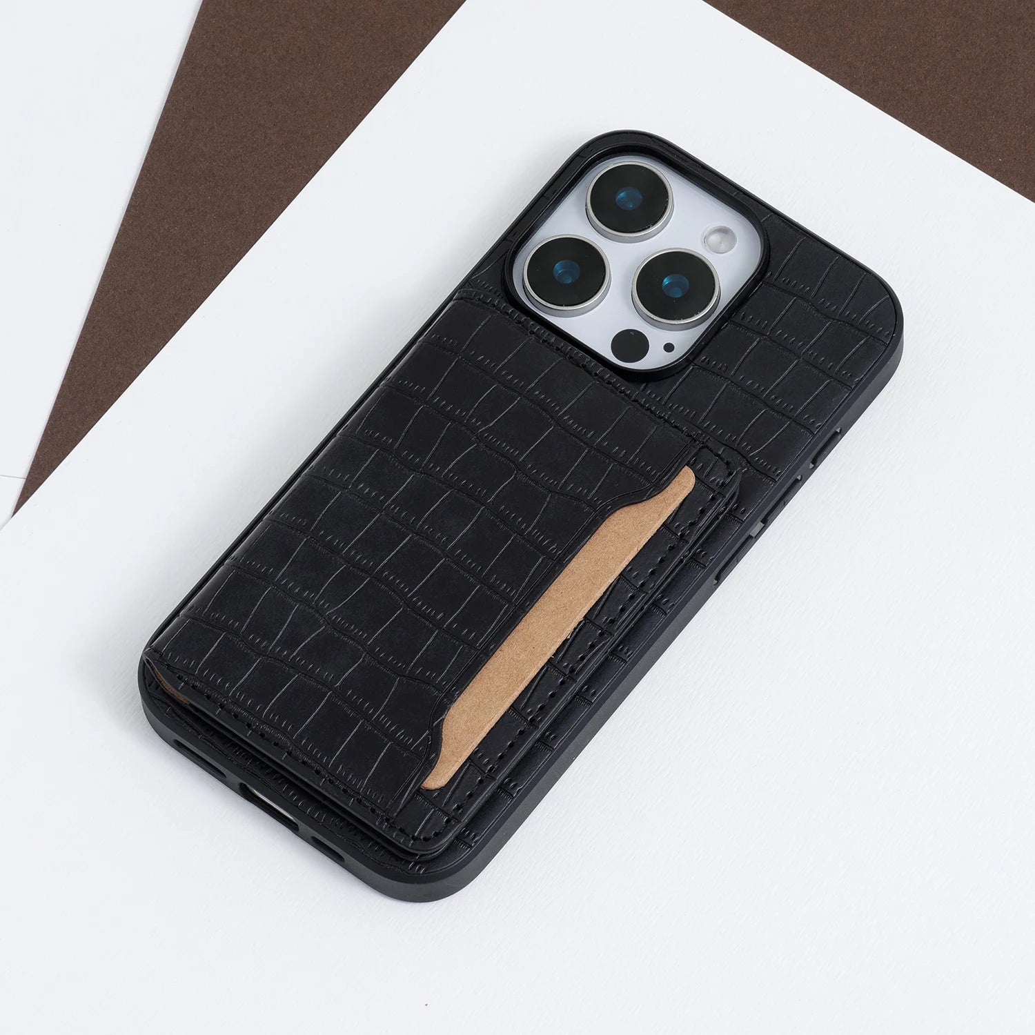 Black croco card pocket phone case with a stitched back wallet panel and raised camera surround.