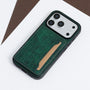 Green crocodile-embossed phone case with integrated card holder and structured back wallet panel.