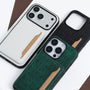 Side angled view of the green crocodile-embossed phone case showing the folded card pocket and slim profile.