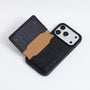 Black and green croco card pocket phone cases displayed with folded-out back panels functioning as stands.