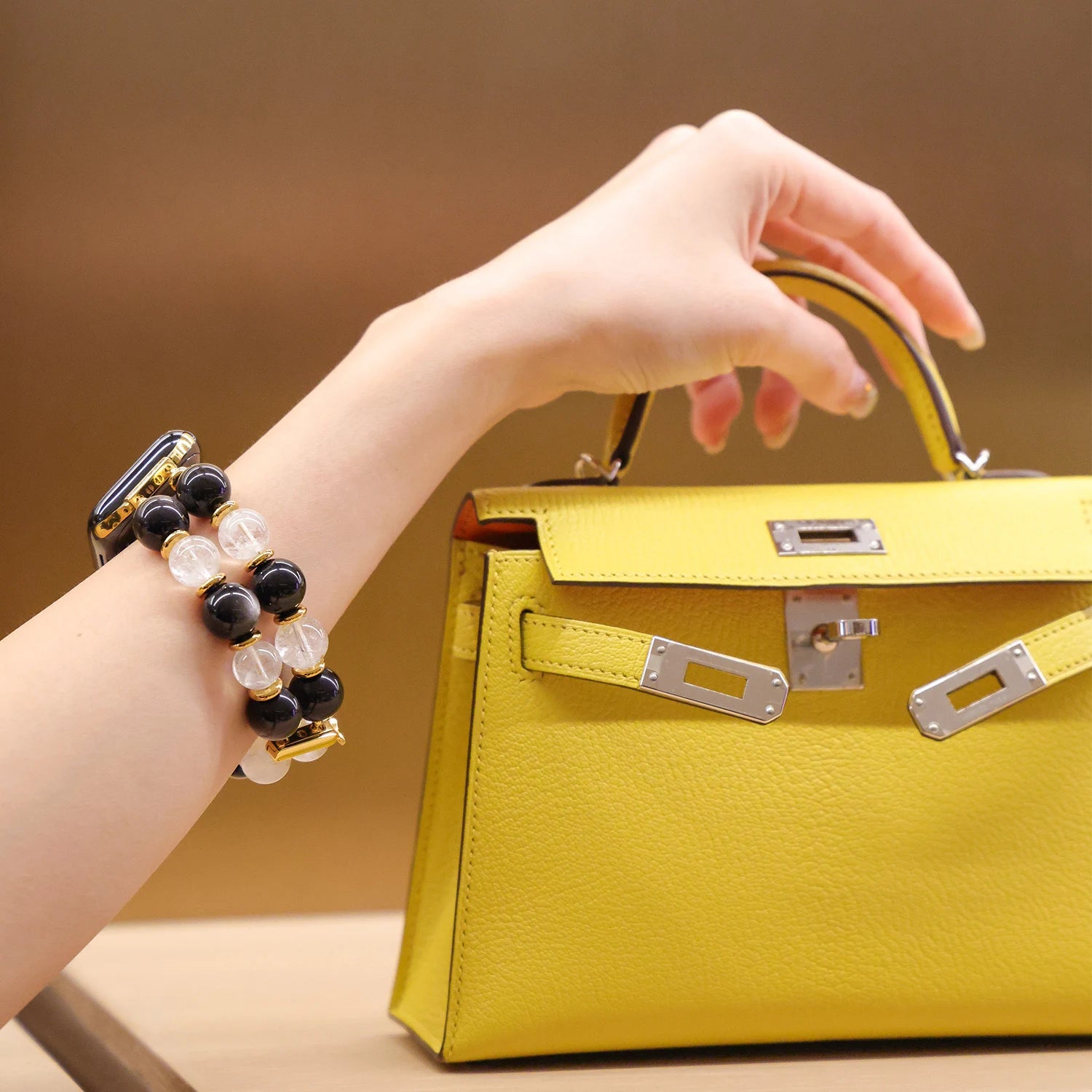 Silver obsidian and snow phantom quartz double-strand Apple Watch band, handcrafted crystal bracelet style watch band