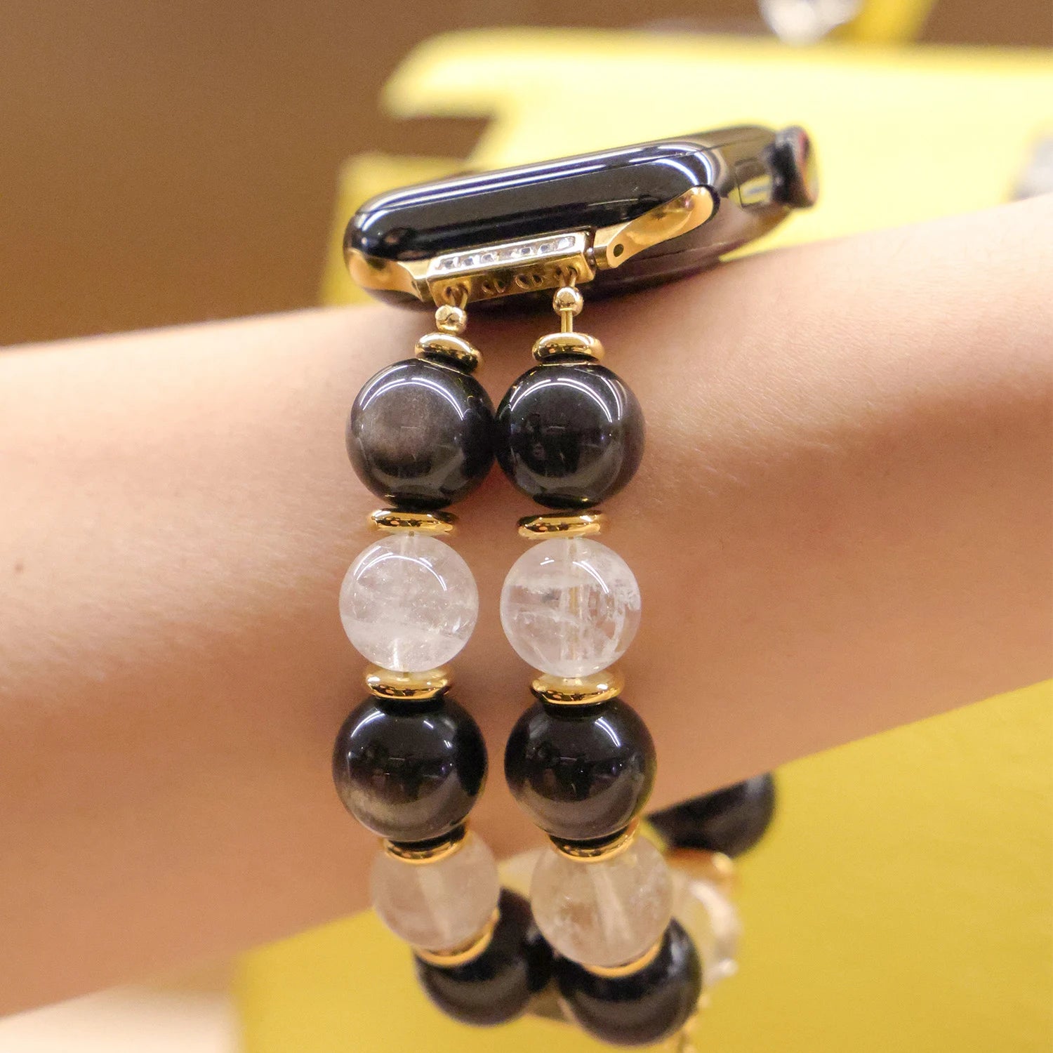 Silver obsidian and snow phantom quartz double-strand Apple Watch band, handcrafted crystal bracelet style watch band