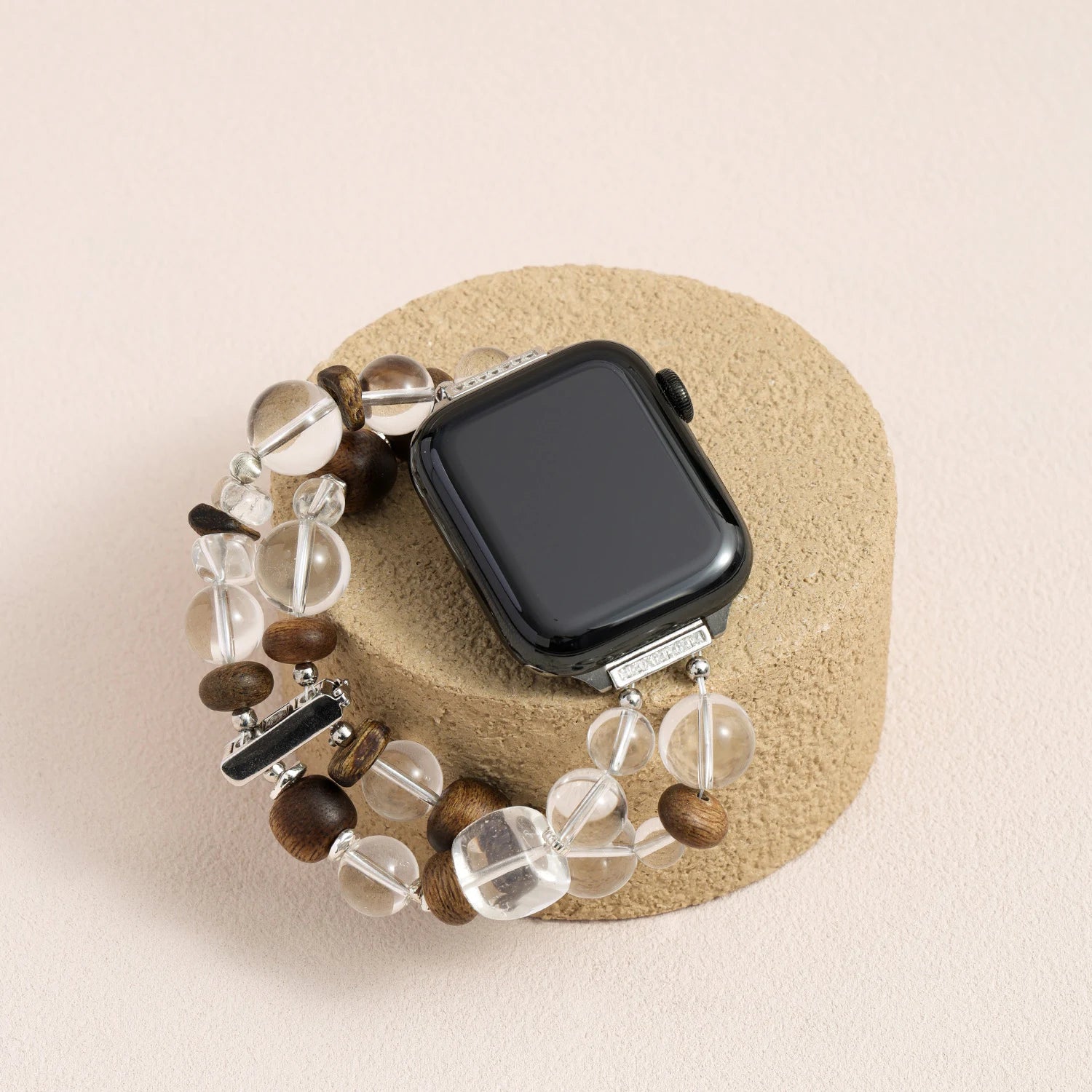 Clear quartz and natural agarwood Apple Watch band, handcrafted crystal and wood bracelet style watch band