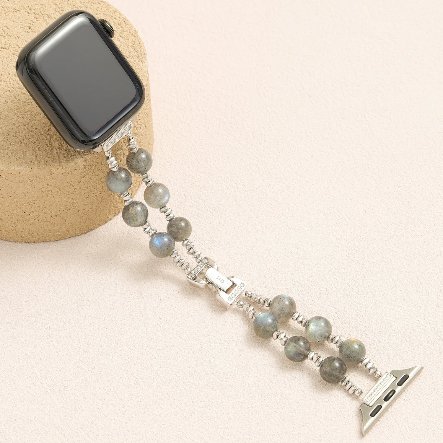 Double-strand grey moonstone Apple Watch band with genuine silver beads, handcrafted luxury crystal watch bracelet