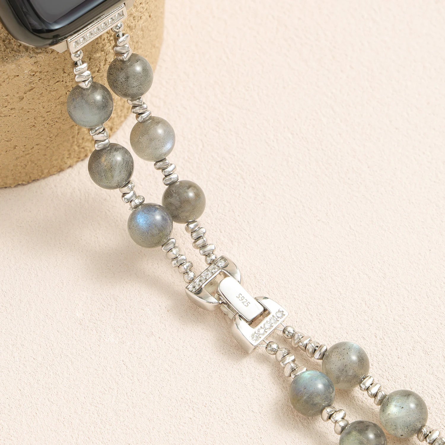 Double-strand grey moonstone Apple Watch band with genuine silver beads, handcrafted luxury crystal watch bracelet