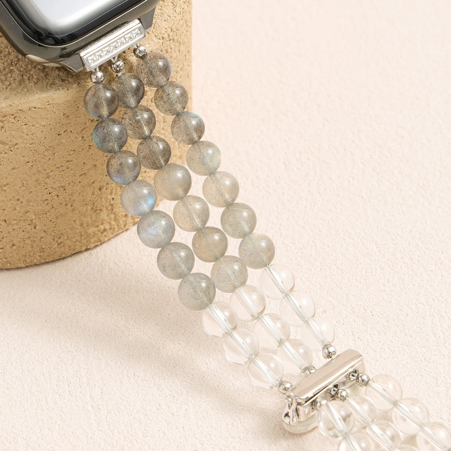 Triple-strand grey moonstone and clear quartz Apple Watch band, handcrafted crystal bracelet style watch band with blue flash