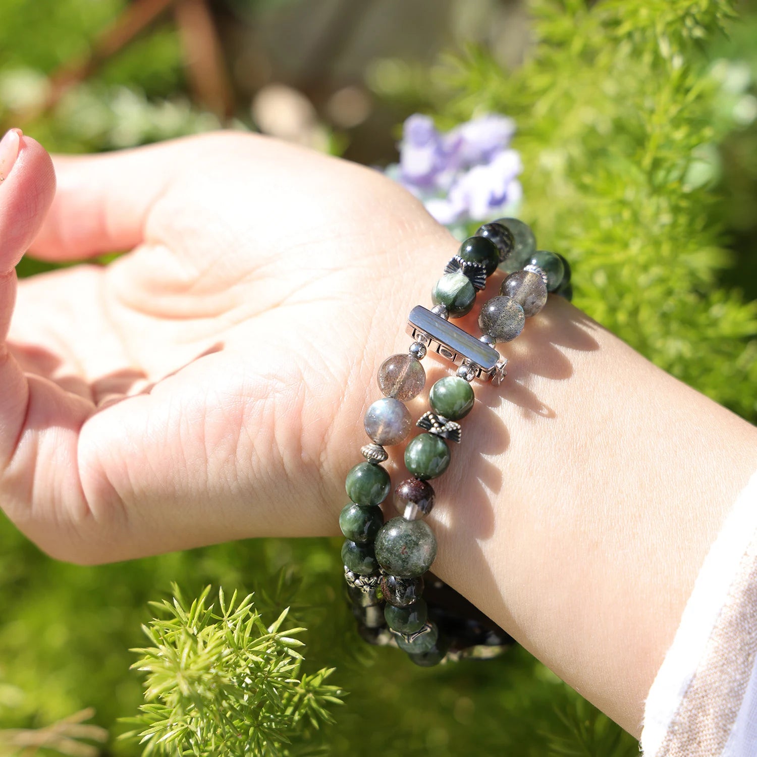 Viridis Aion - Dragon Vein Agate · Grey Moonstone · Green Phantom Quartz