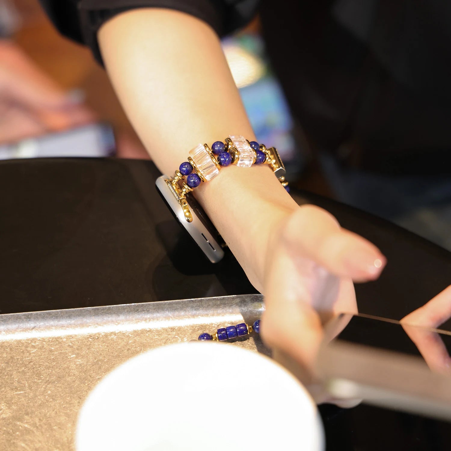 Athenia Duo – Lapis Lazuli & Clear Quartz Double-Strand Handmade Apple Watch Band