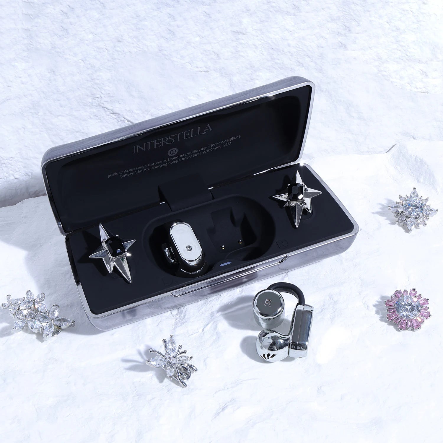 Interstella Crystal Aura Bluetooth Ear Jewelry Headphone with magnetic crystal accents, open-ear design, and jewelry-inspired finish