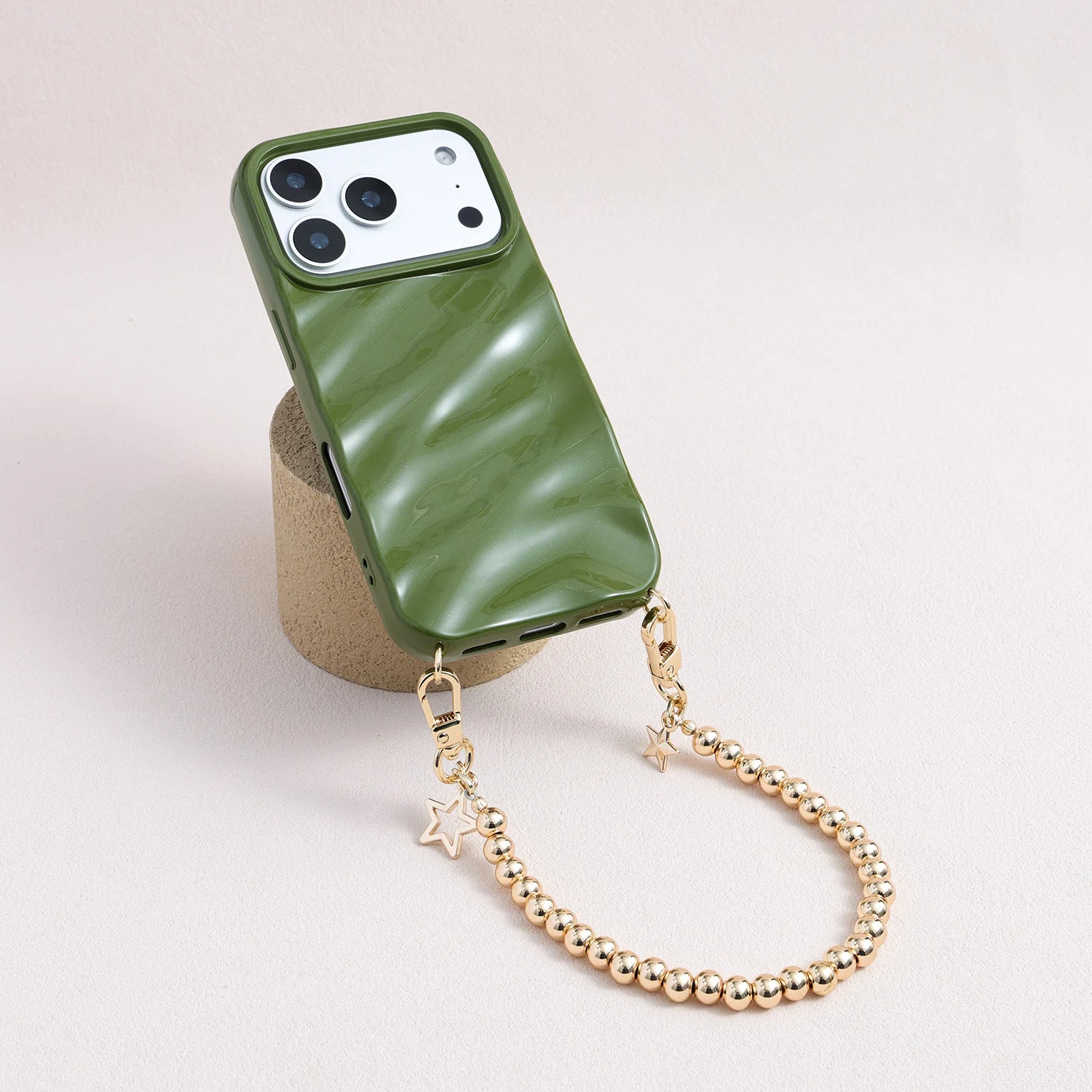 18K gold phone strap with round beads and dual star charms, detachable bracelet design