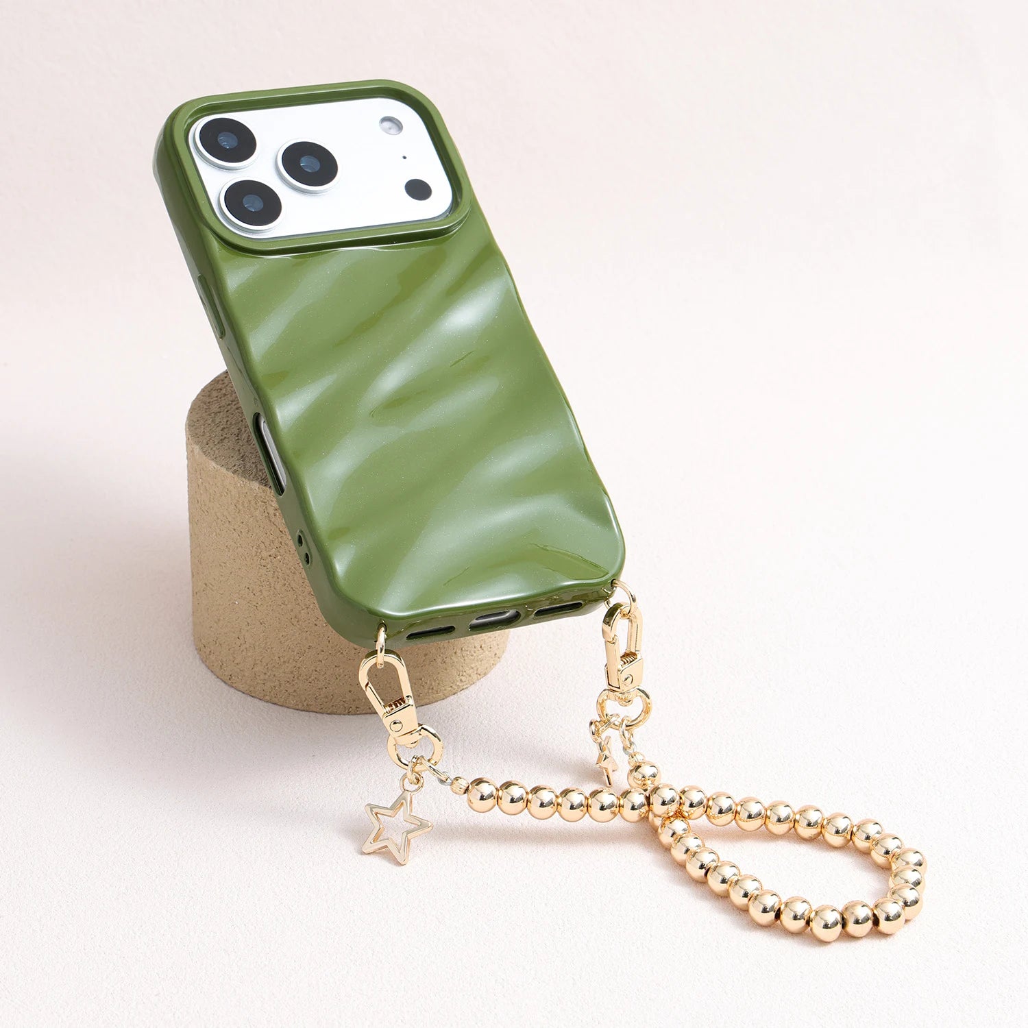 18K gold phone strap with round beads and dual star charms, detachable bracelet design