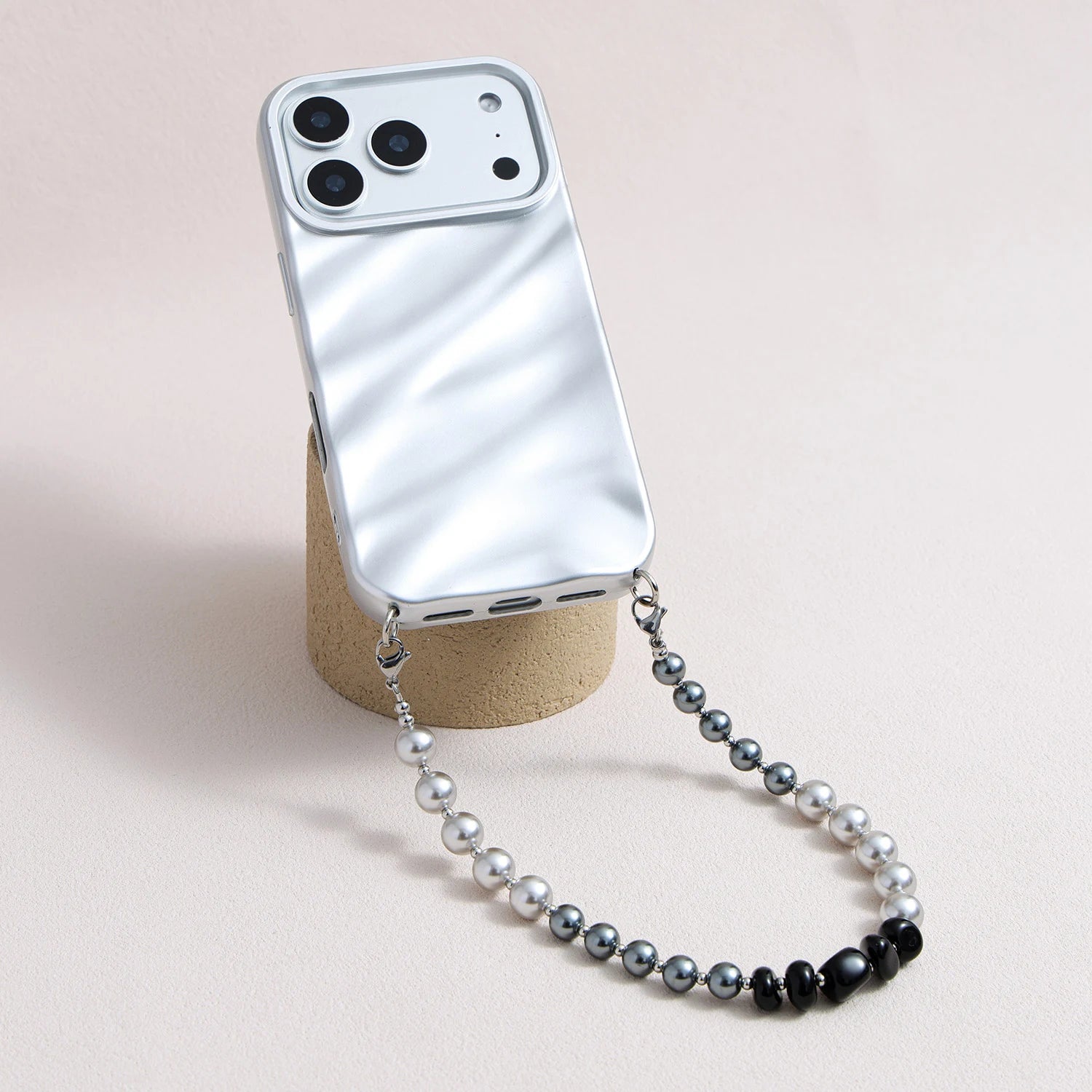 Black pearl and silver phone strap with mixed natural stones and detachable bracelet design