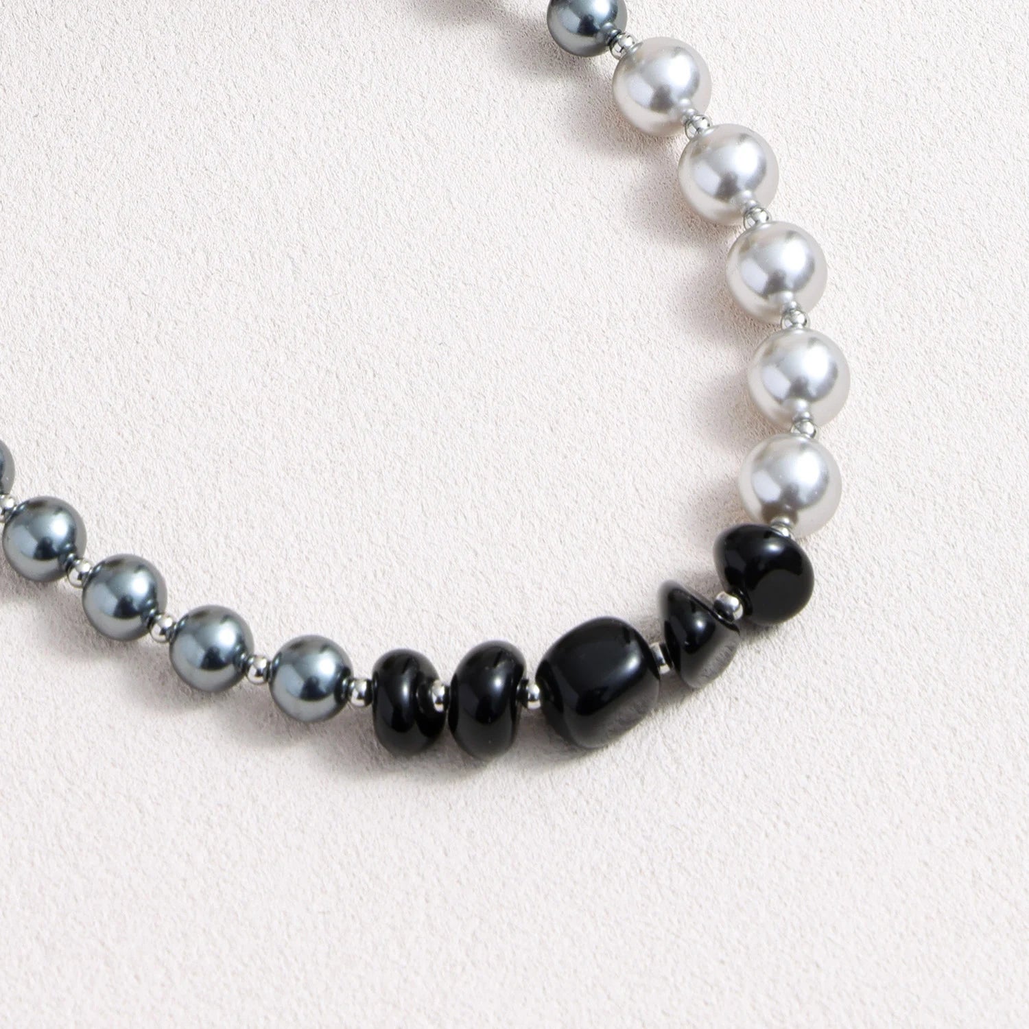 Black pearl and silver phone strap with mixed natural stones and detachable bracelet design