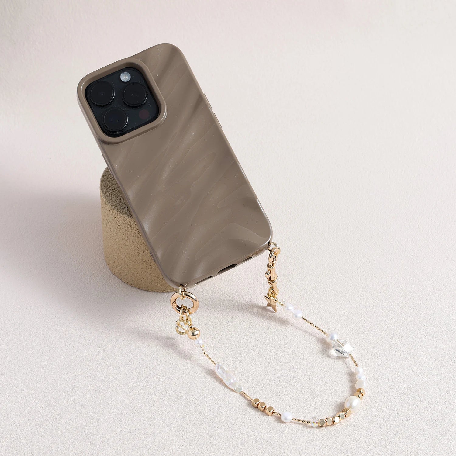 Pearl and white quartz phone strap with gold star charm