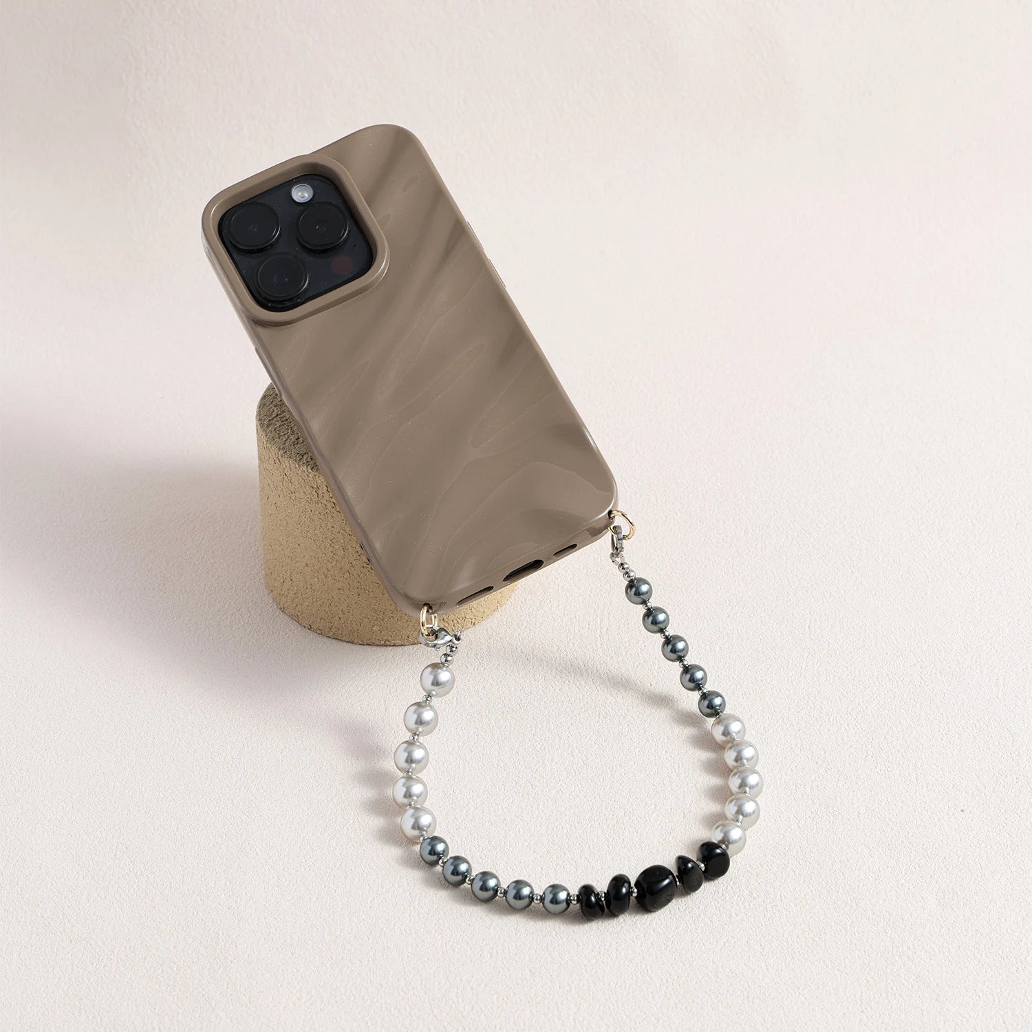Black pearl and silver phone strap with mixed natural stones and detachable bracelet design