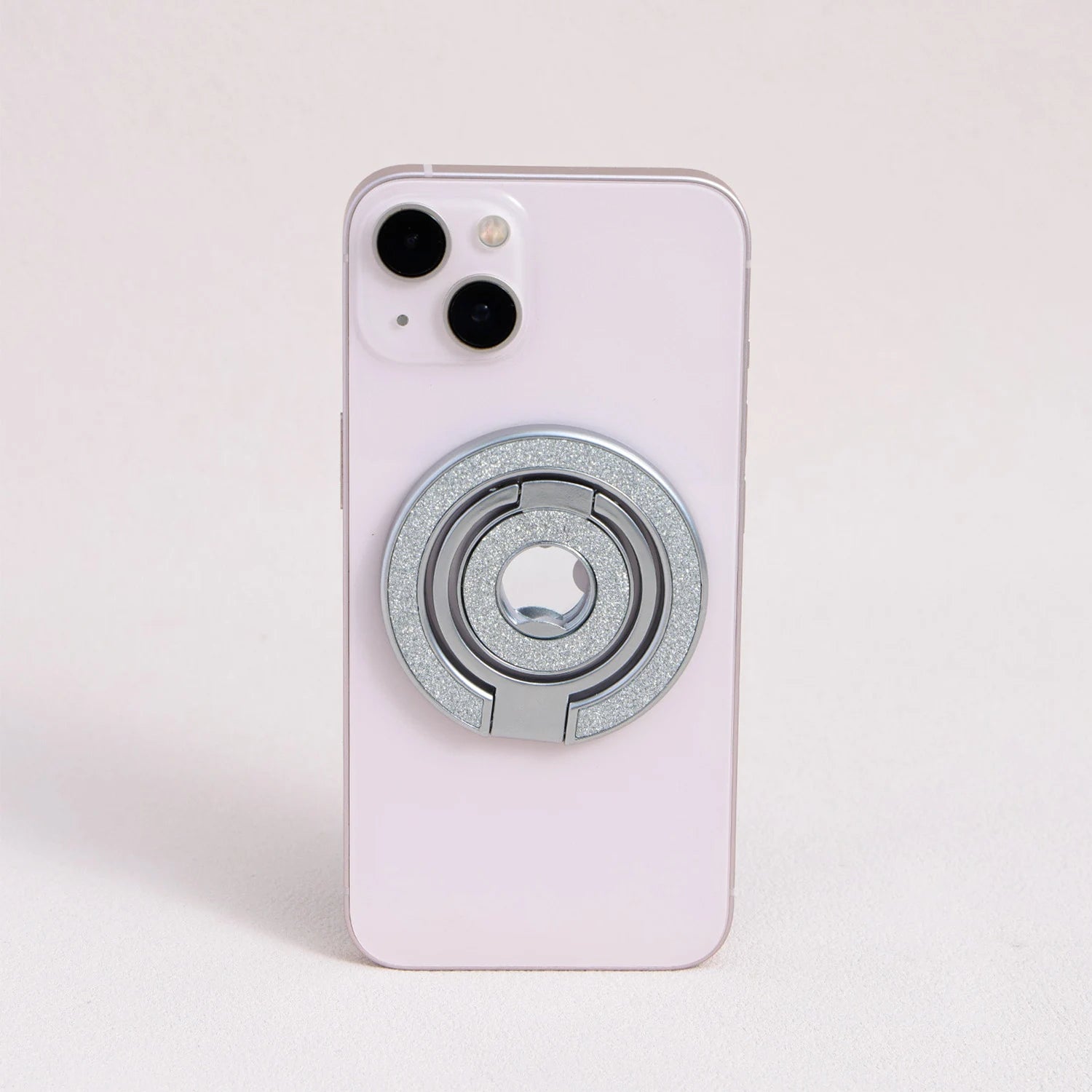 Silver MagSafe telescopic phone ring stand with glitter inlay, side angle view