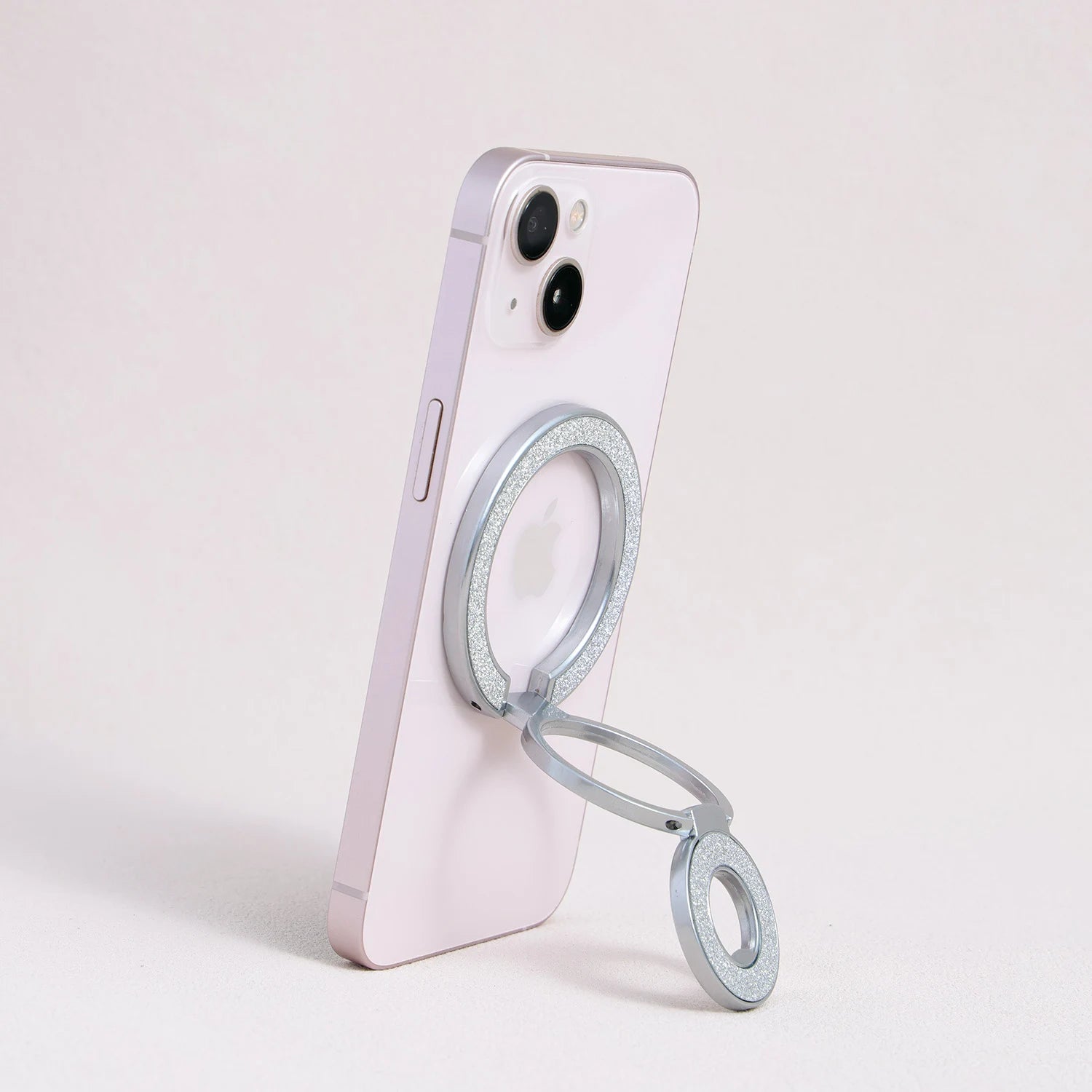 Silver MagSafe telescopic phone ring stand with glitter inlay, side angle view