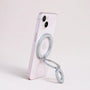 Silver MagSafe telescopic phone ring stand with glitter inlay, side angle view