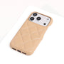 Single sand beige quilted leather phone case with textured finish and structured silhouette.