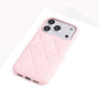 Single powder pink quilted leather phone case with soft geometric stitching.