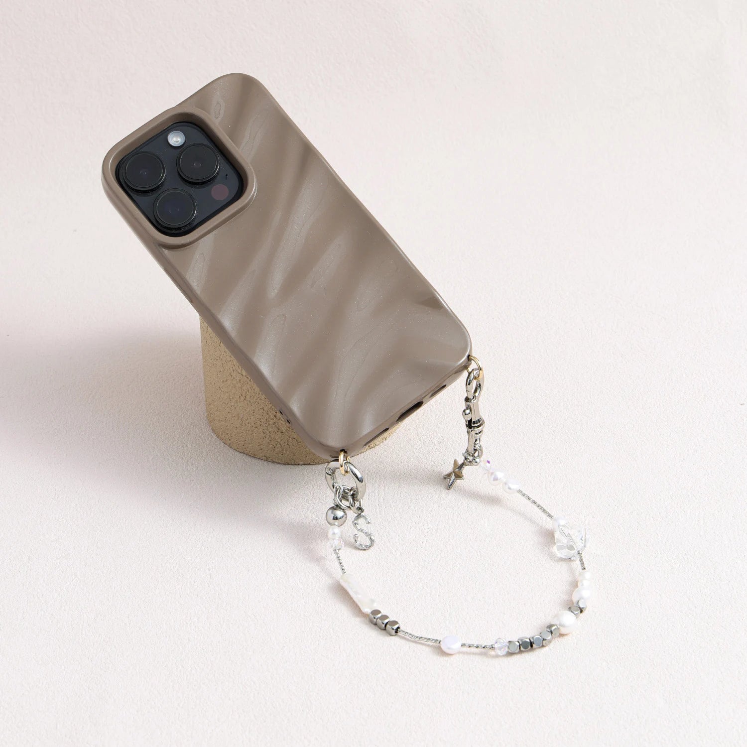 Pearl and white quartz phone strap with gold star charm