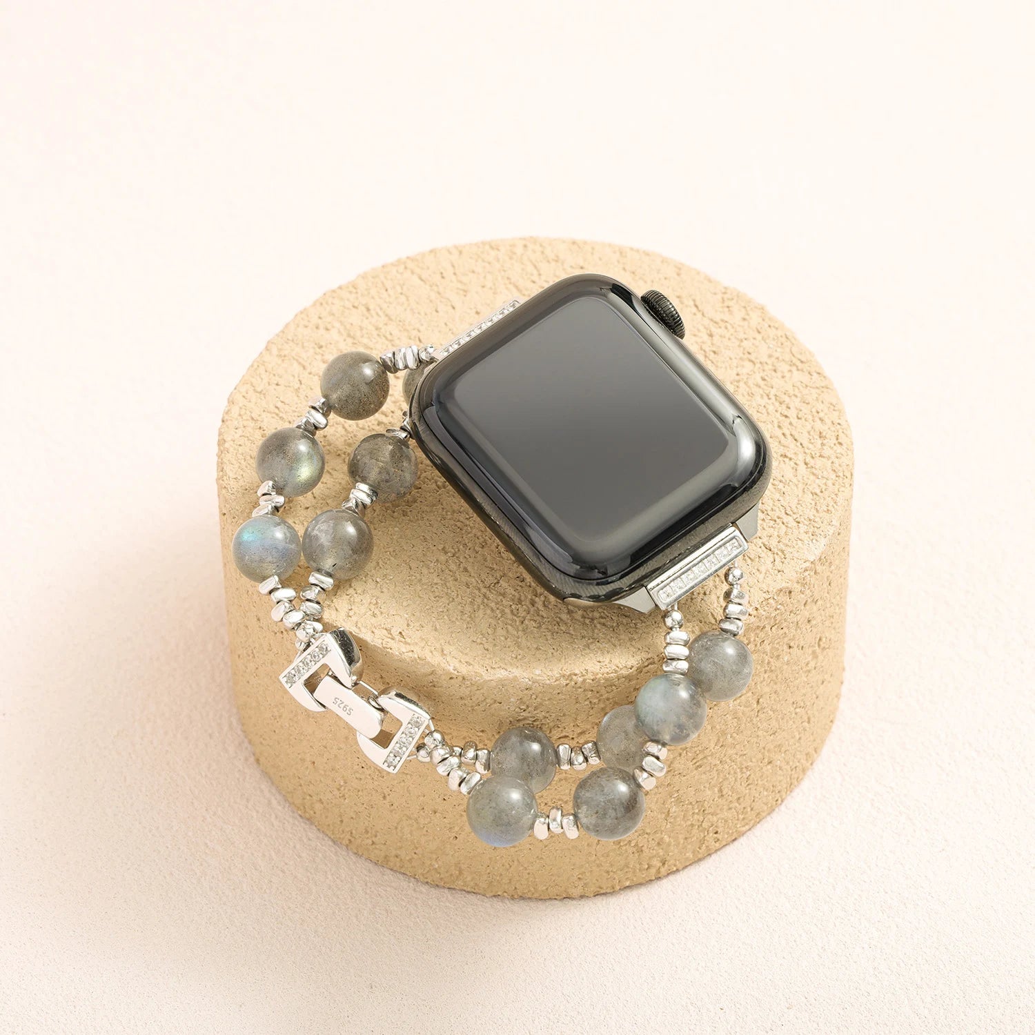 Double-strand grey moonstone Apple Watch band with genuine silver beads, handcrafted luxury crystal watch bracelet