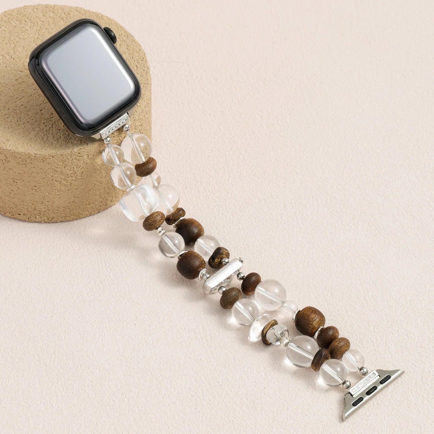 Clear quartz and natural agarwood Apple Watch band, handcrafted crystal and wood bracelet style watch band