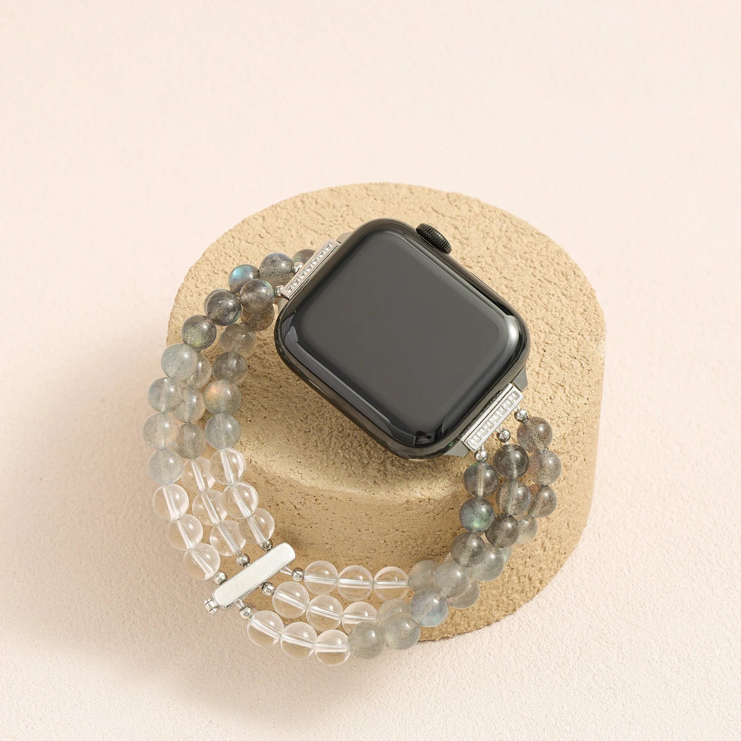 Triple-strand grey moonstone and clear quartz Apple Watch band, handcrafted crystal bracelet style watch band with blue flash