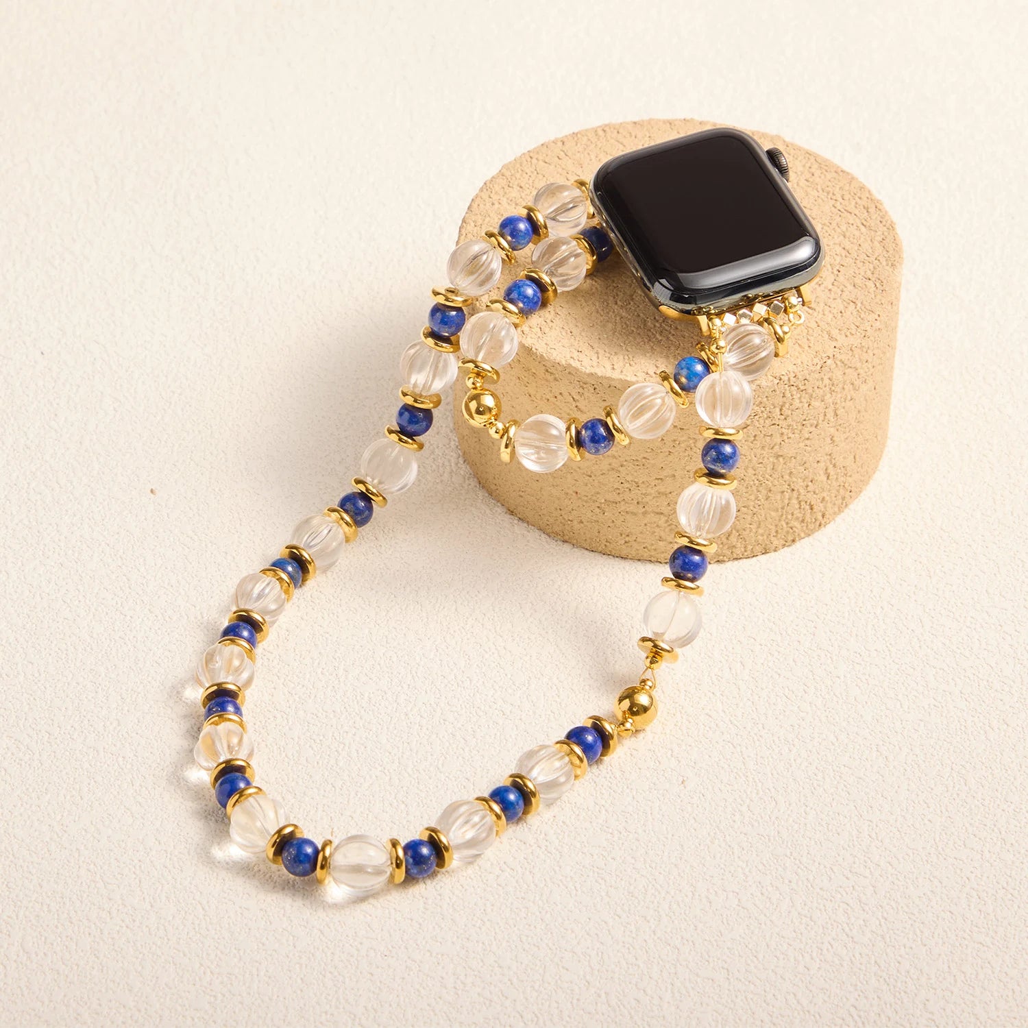Handmade Lapis Lazuli & Pumpkin-Cut Clear Quartz Triple-Wrap Apple Watch Band – Interstella