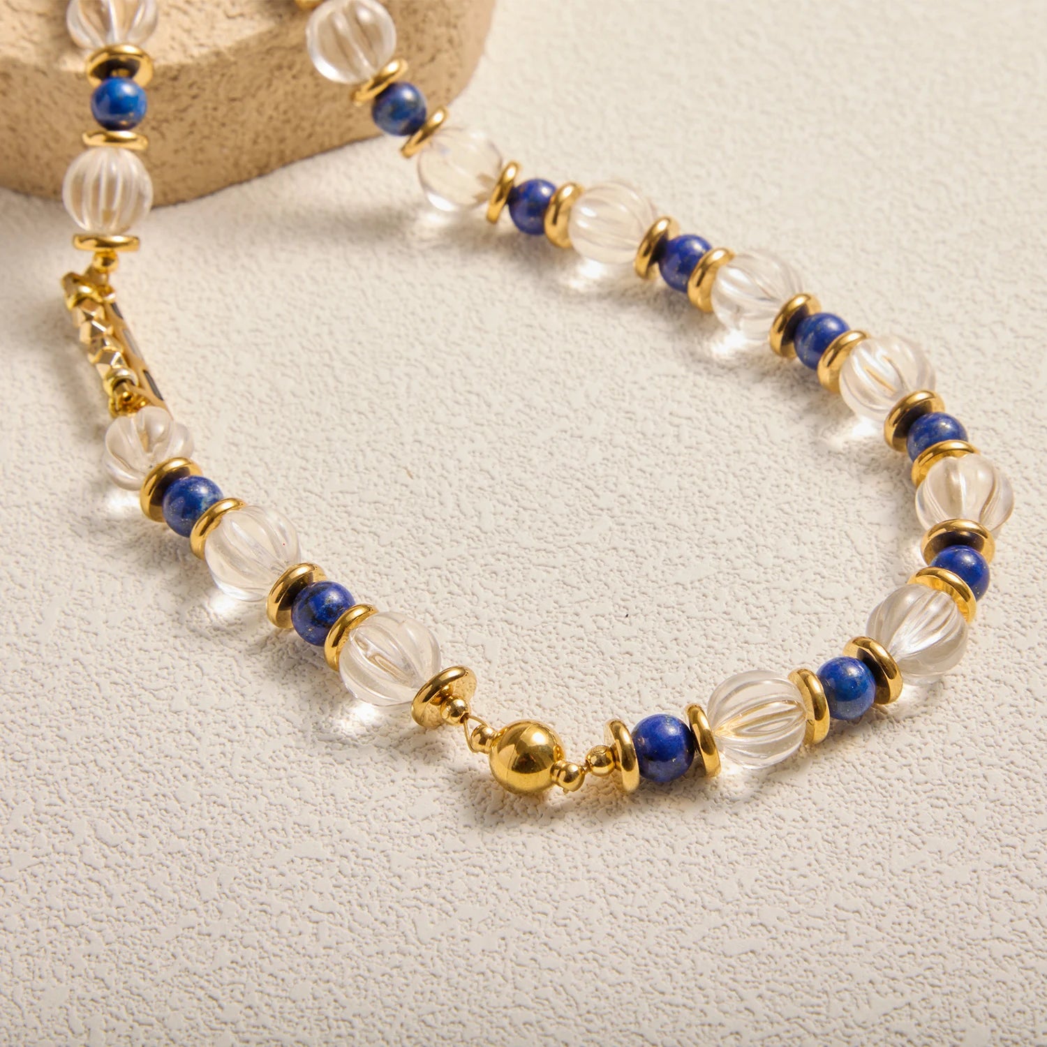 Handmade Lapis Lazuli & Pumpkin-Cut Clear Quartz Triple-Wrap Apple Watch Band – Interstella