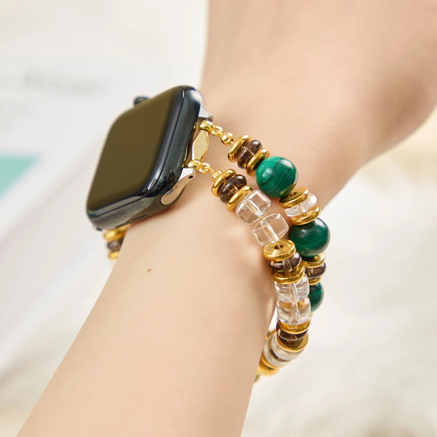 Handmade Malachite & Smoky Quartz Double-Strand Apple Watch Band – Interstella