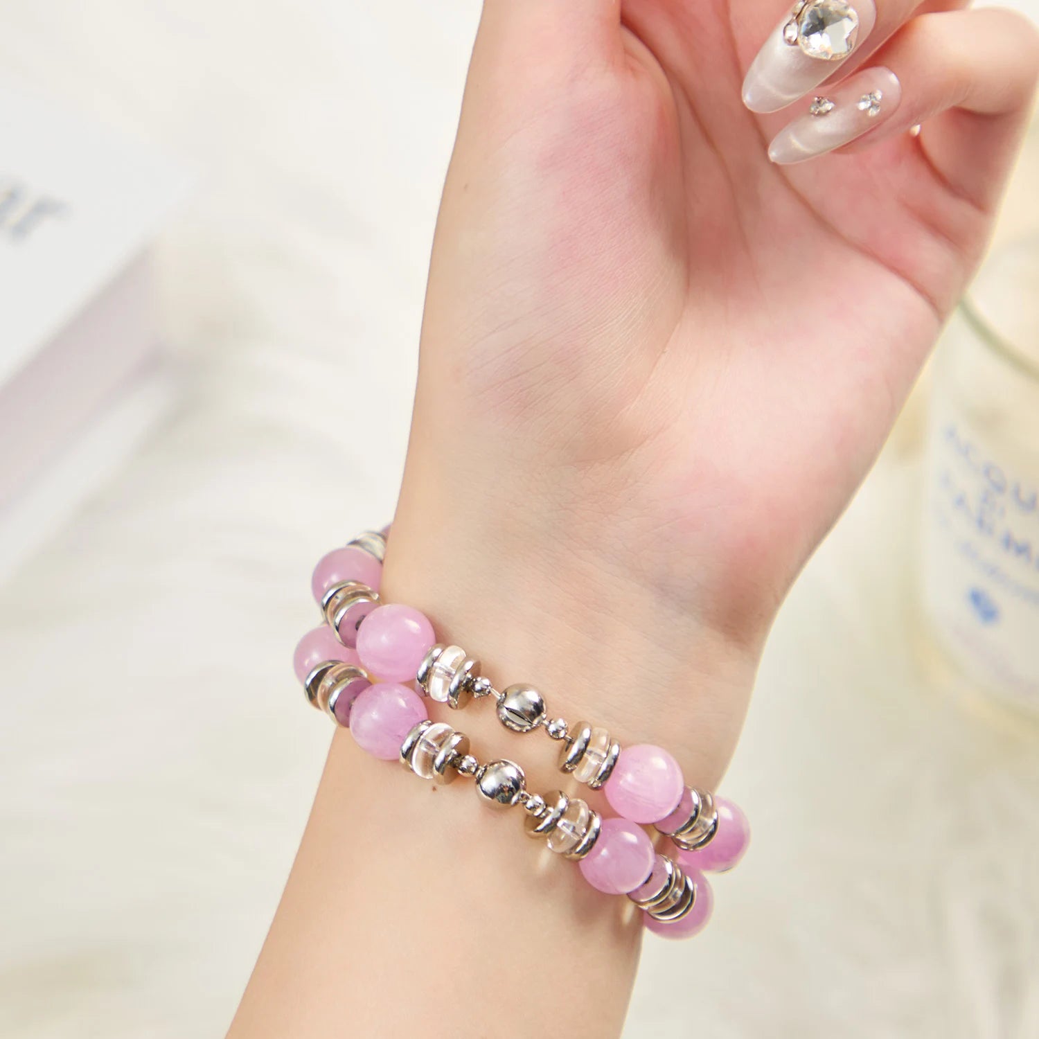 Handmade Kunzite & Clear Quartz Double-Strand Apple Watch Band – Interstella
