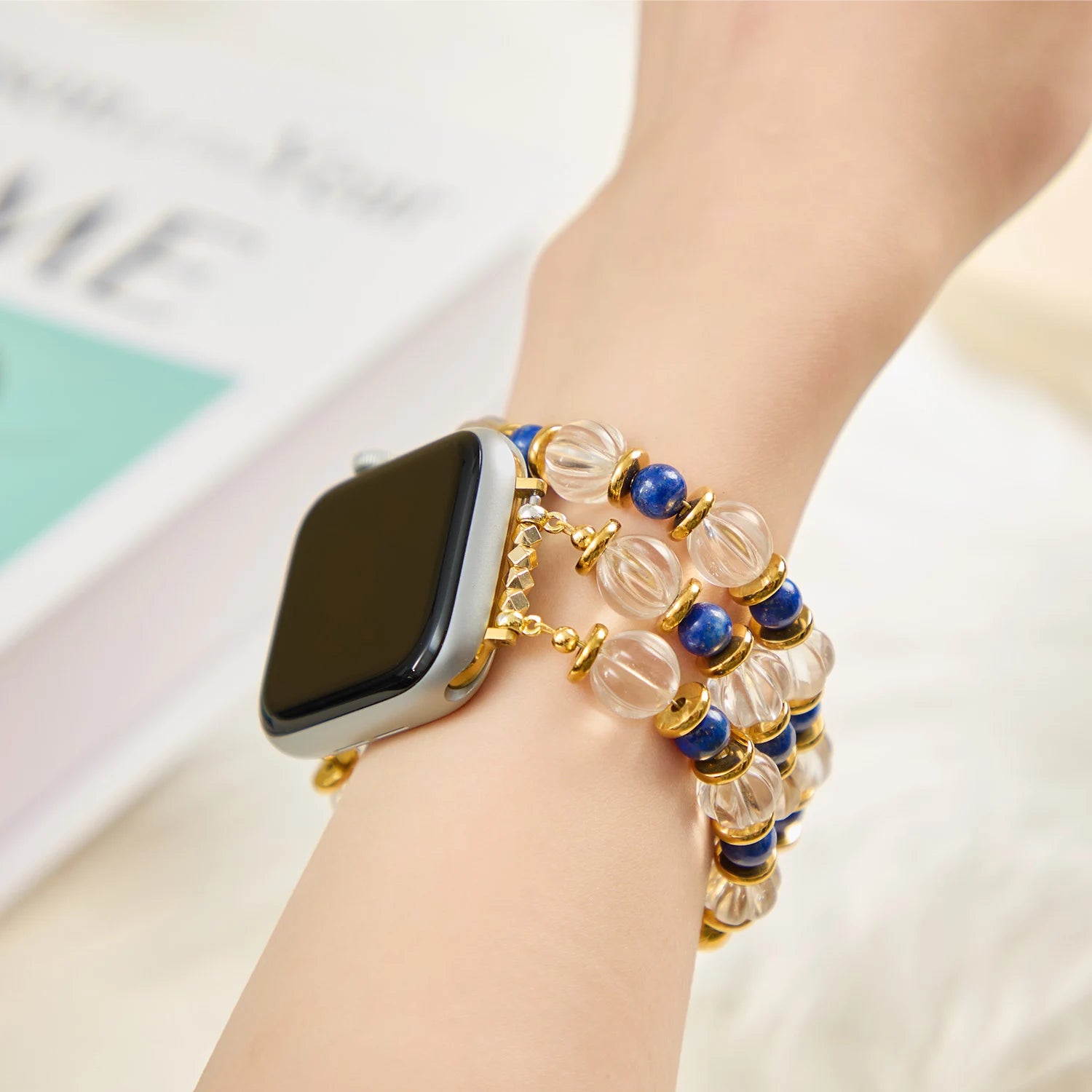 Handmade Lapis Lazuli & Pumpkin-Cut Clear Quartz Triple-Wrap Apple Watch Band – Interstella