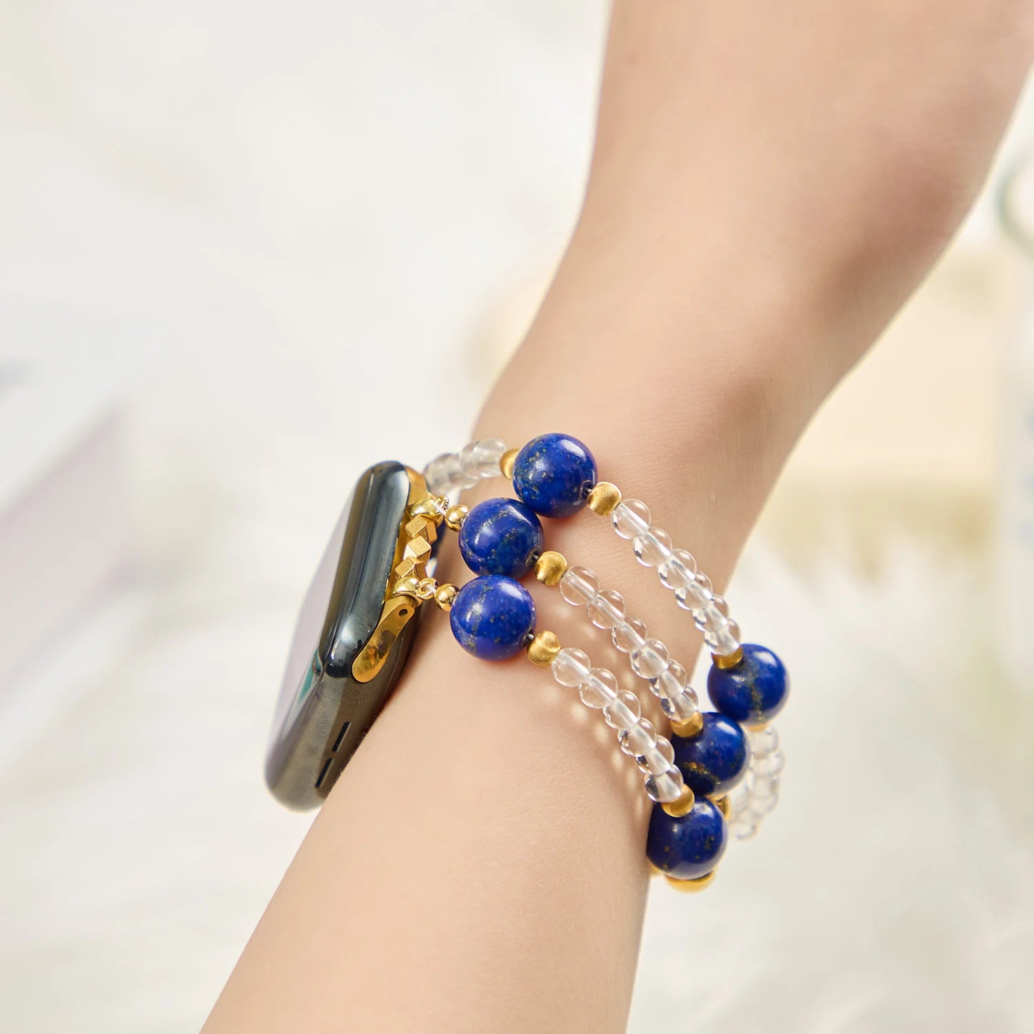Handmade Lapis Lazuli & Clear Quartz Triple-Wrap Apple Watch Band – Interstella
