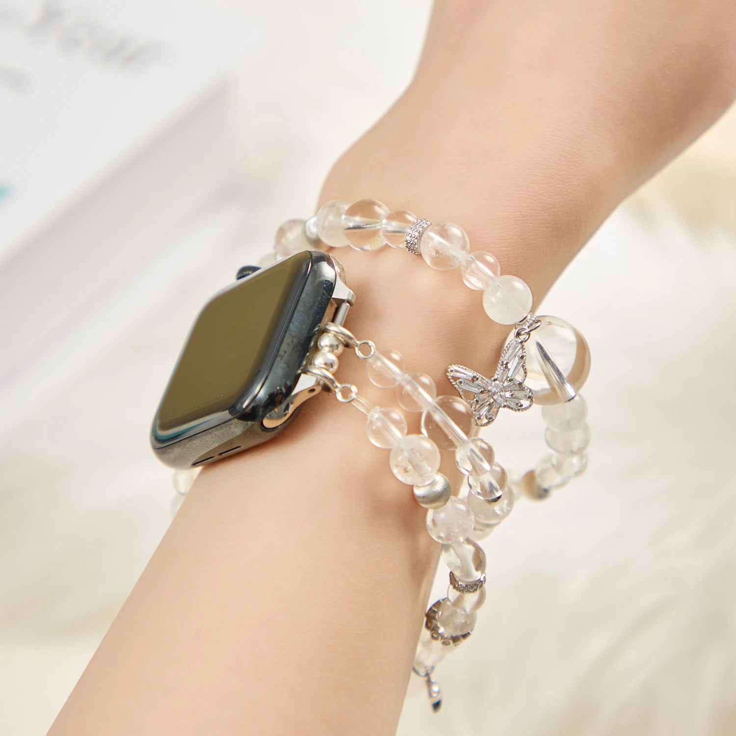 Handmade AA Clear Quartz Butterfly Triple-Wrap Apple Watch Band – Interstella