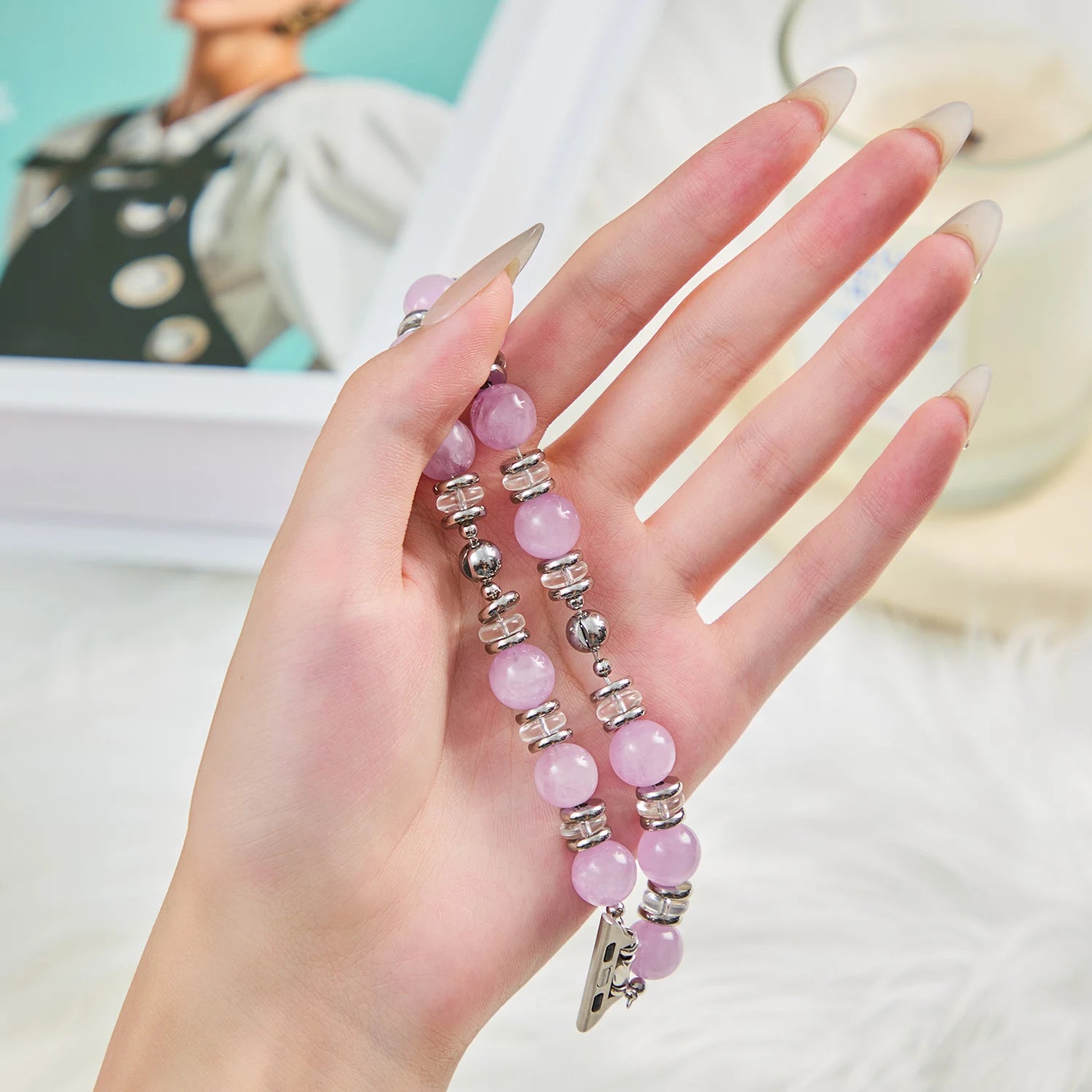Handmade Kunzite & Clear Quartz Double-Strand Apple Watch Band – Interstella