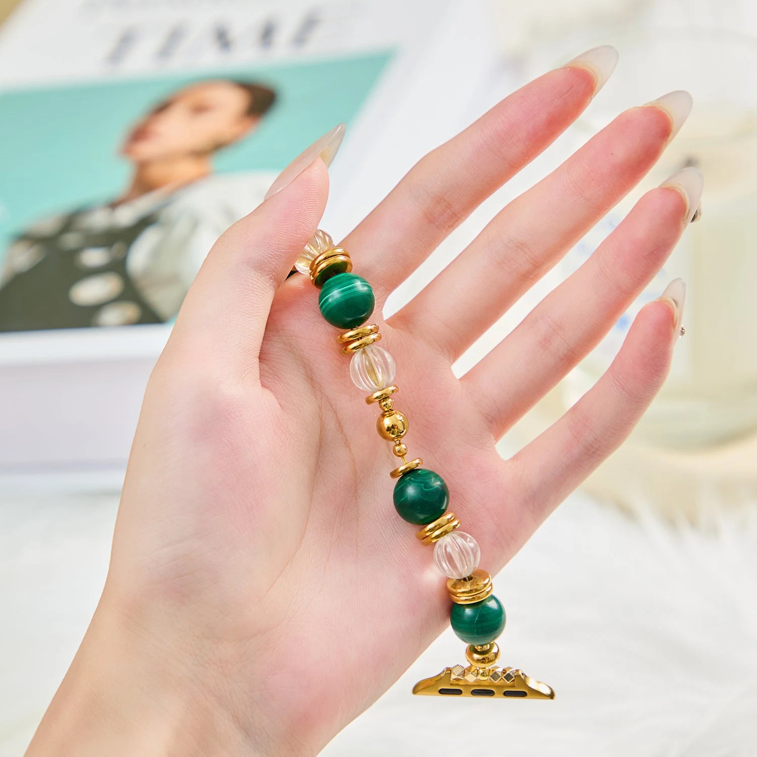 Handmade Pumpkin-Cut White Quartz & Turquoise Apple Watch Band – Interstella