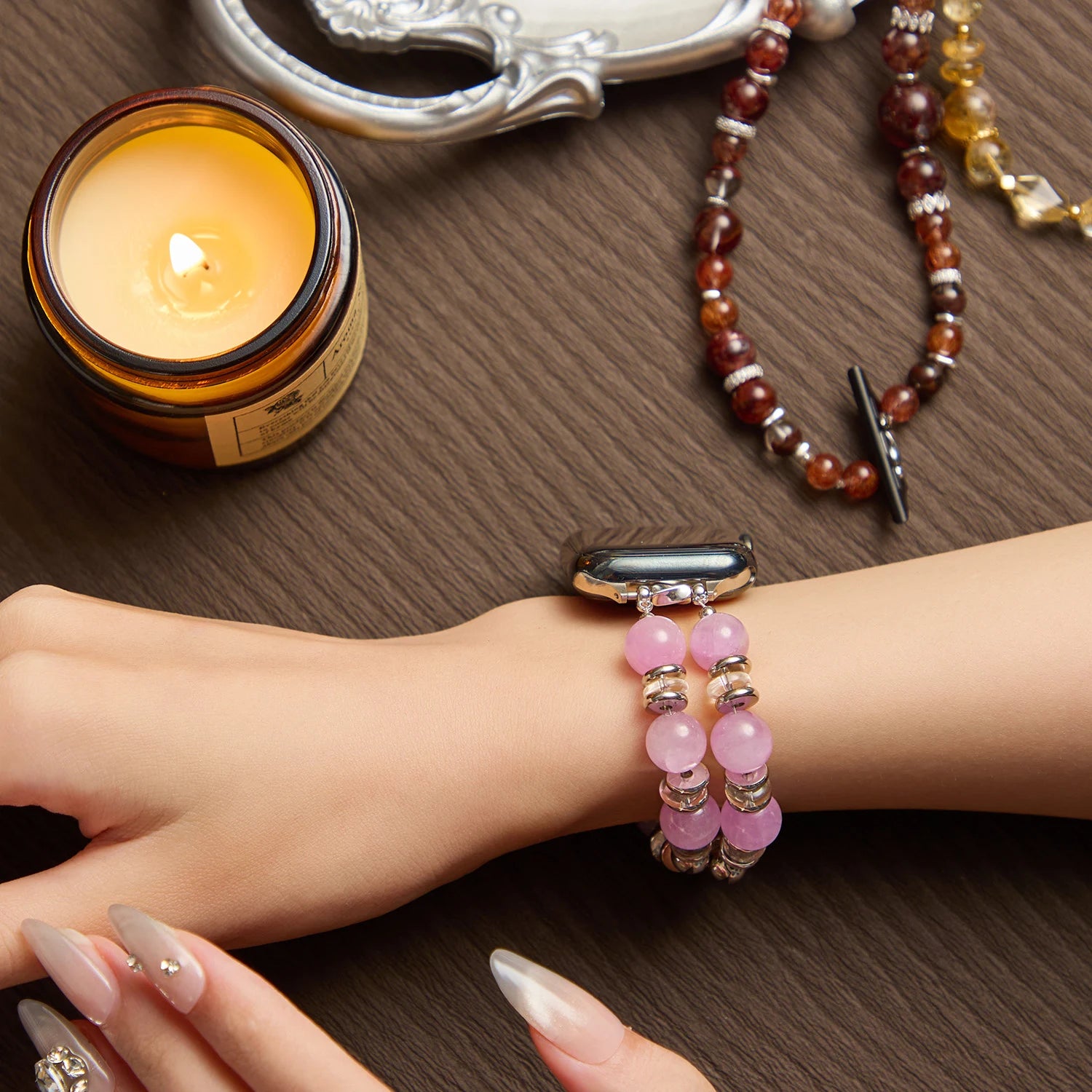 Handmade Kunzite & Clear Quartz Double-Strand Apple Watch Band – Interstella