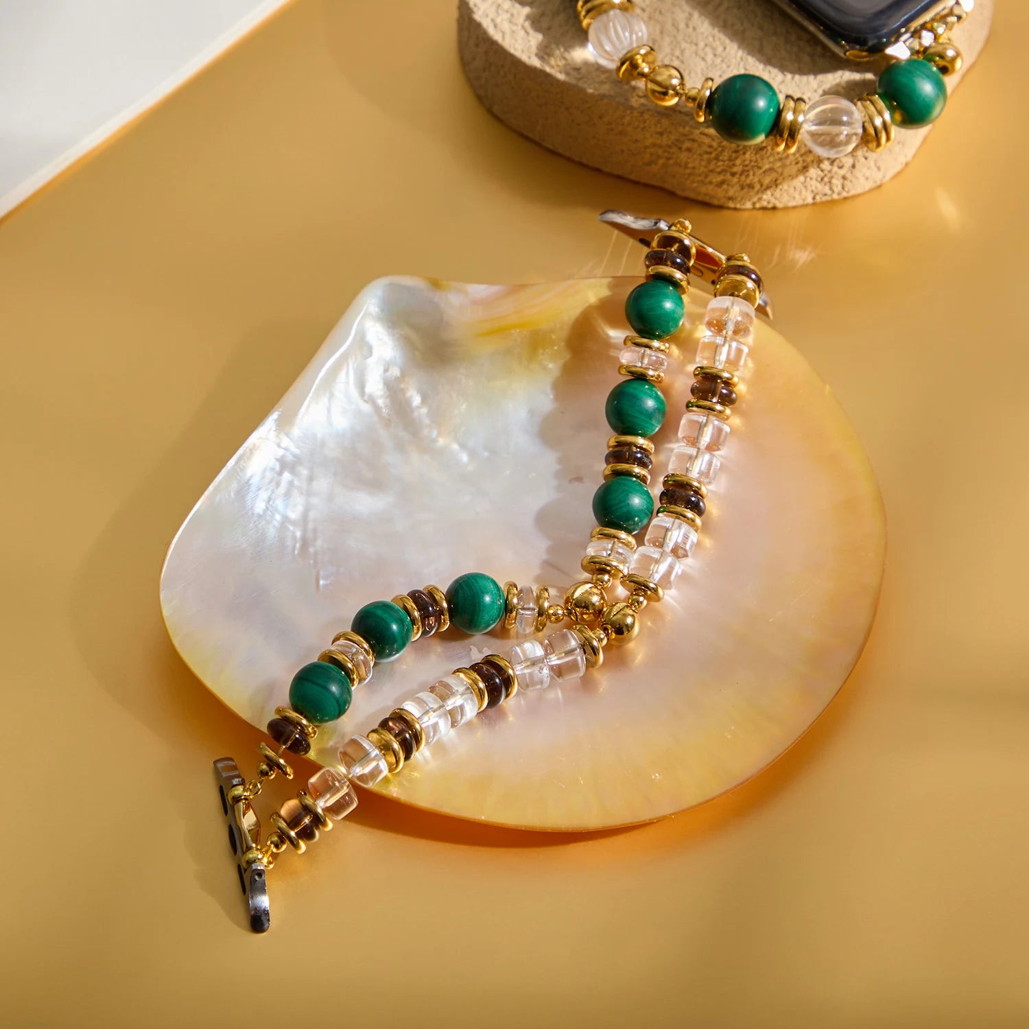 Handmade Malachite & Smoky Quartz Double-Strand Apple Watch Band – Interstella