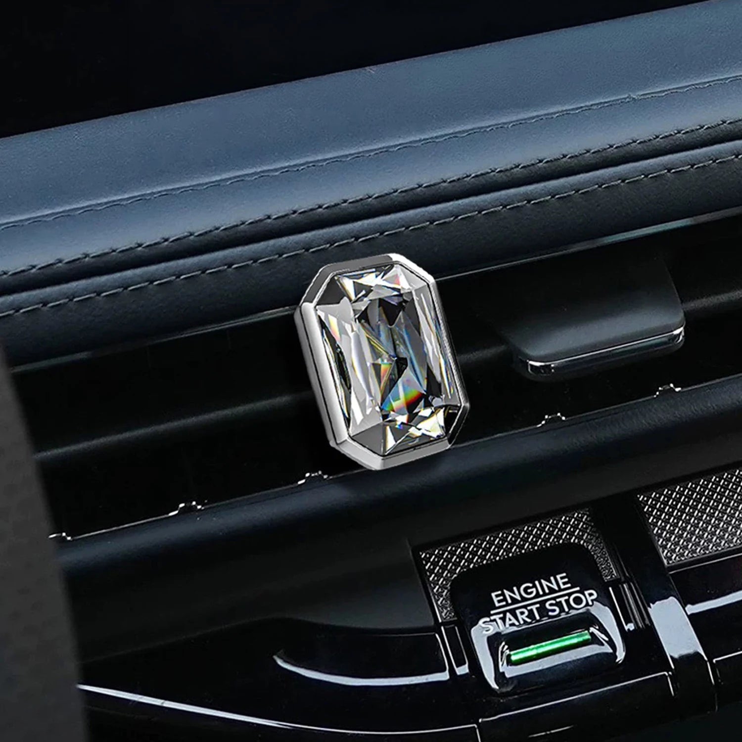 Palladio Prism crystal car diffuser styled on a premium leather car interior with diamond-like faceted shine