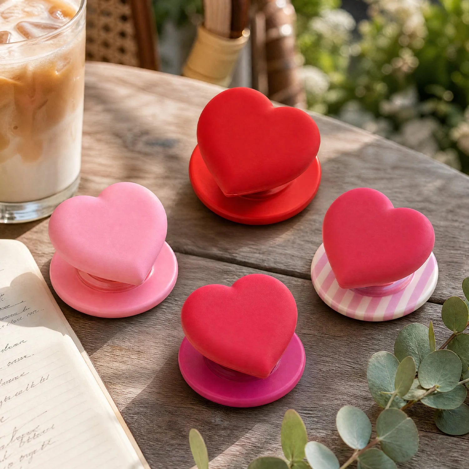 Assorted heart phone grip stands in blush pink, rose pink, scarlet red, and candy stripe pink displayed on a wooden café table beside iced coffee and an open notebook.