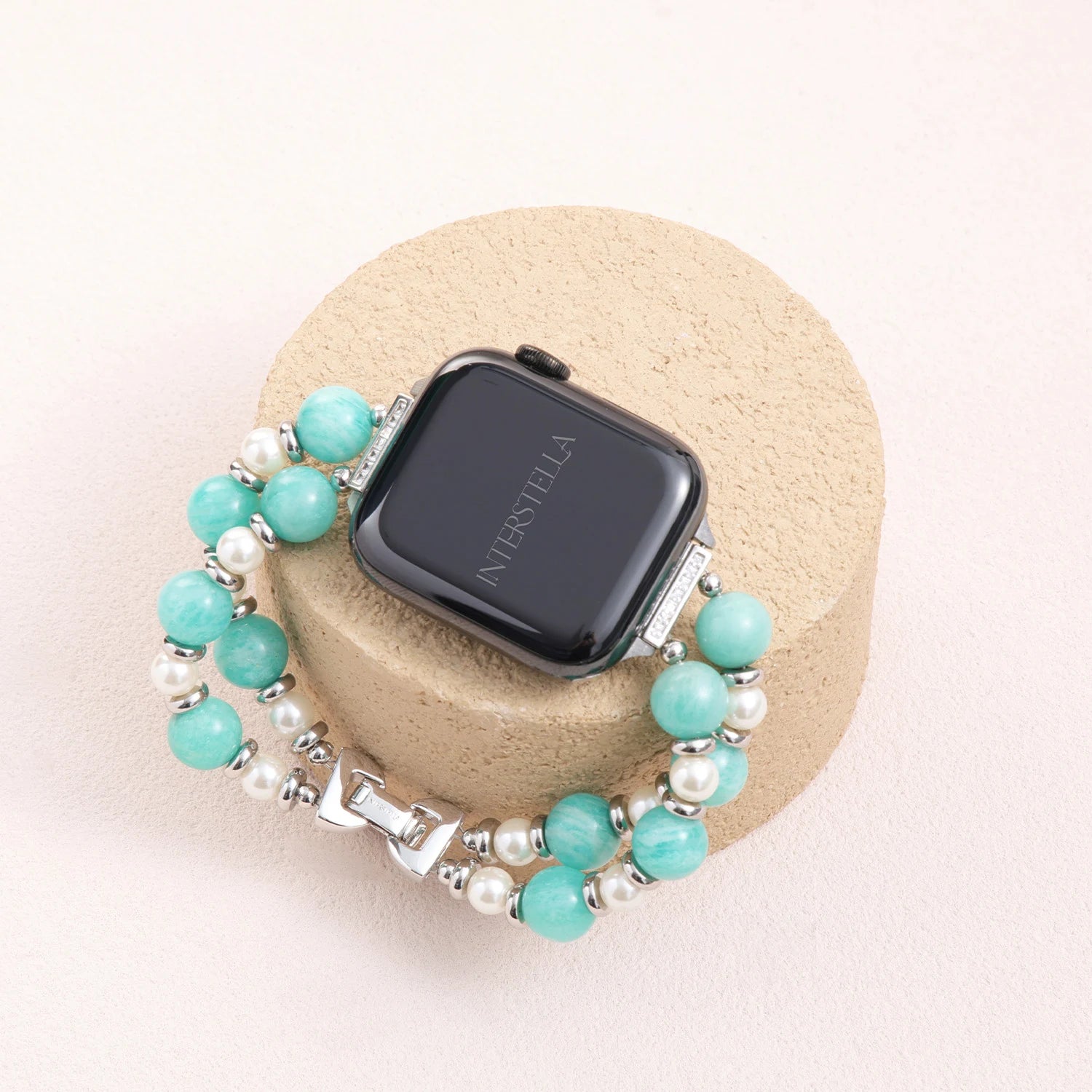 Odette – Cinturino per Apple Watch fatto a mano a doppio filo in Amazzonite e Perle Swarovski