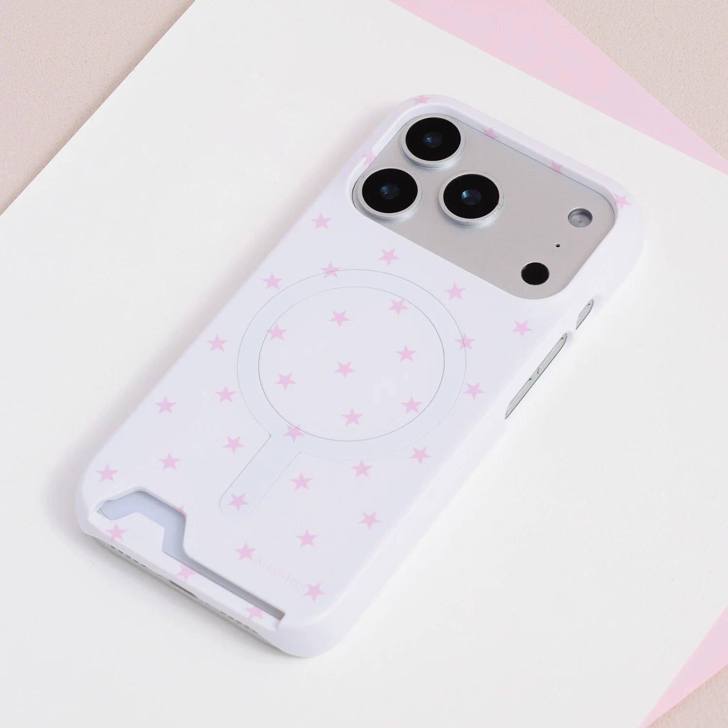 White star print card phone case with blush-pink stars, built-in card slot, and slim PC hard-shell design.