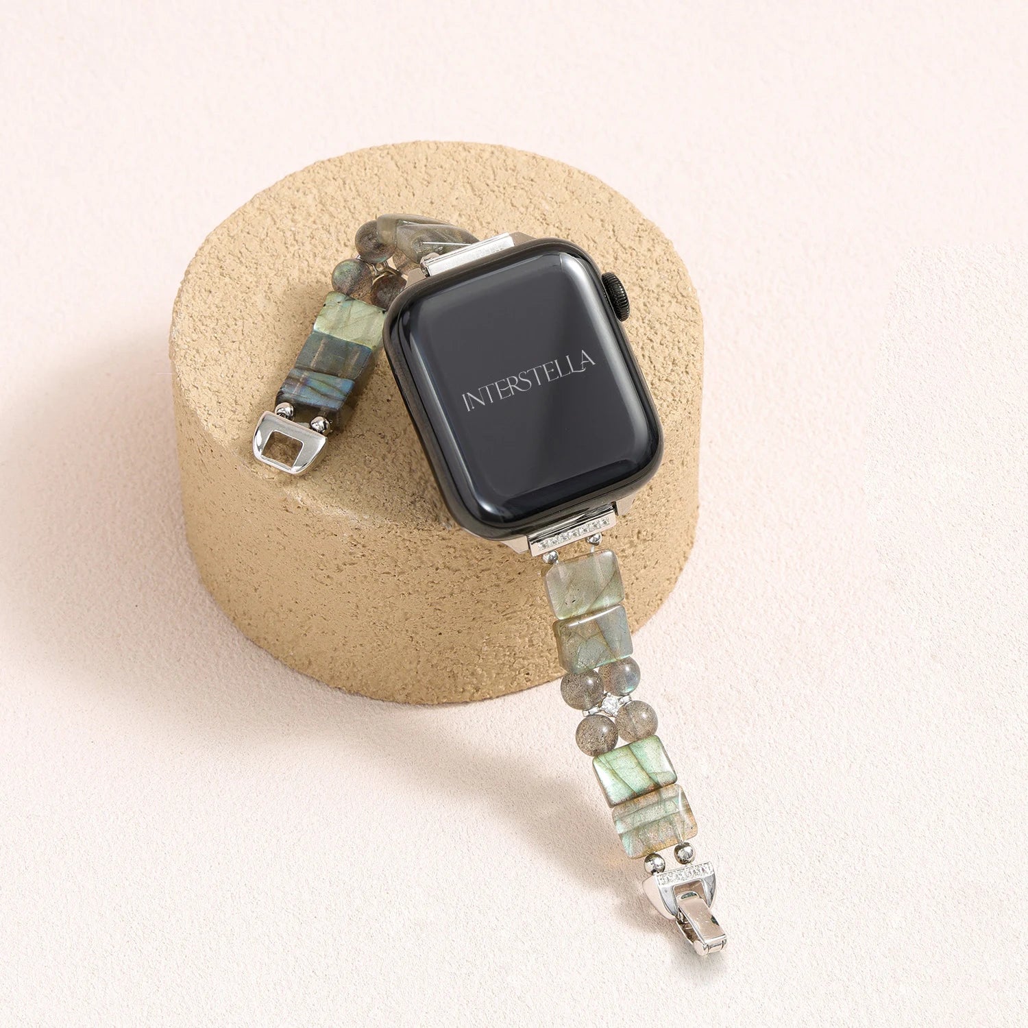 Grey moonstone gemstone Apple Watch band with elongated crystals and Swarovski crystal clasp