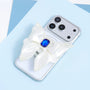 A silver phone fitted with a self-designed 3D-printed ivory bow phone stand, featuring a sculptural ribbon shape and an embedded sapphire-blue jewel at the center.