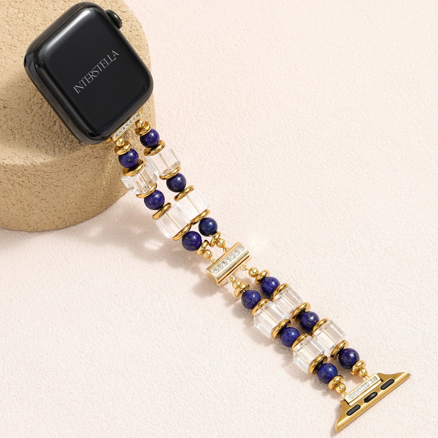 Handmade Lapis Lazuli & Clear Quartz Double-Strand Apple Watch Band – Interstella