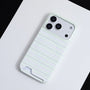 Angled view of mint striped hard-shell phone case with built-in back card slot