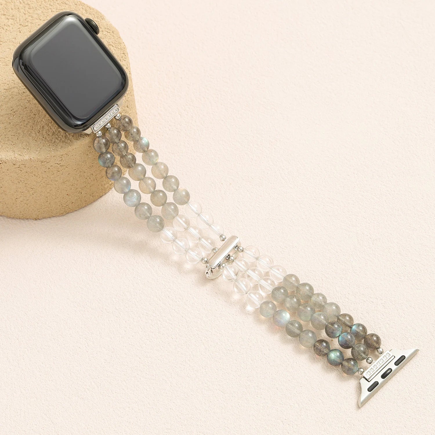 Triple-strand grey moonstone and clear quartz Apple Watch band, handcrafted crystal bracelet style watch band with blue flash